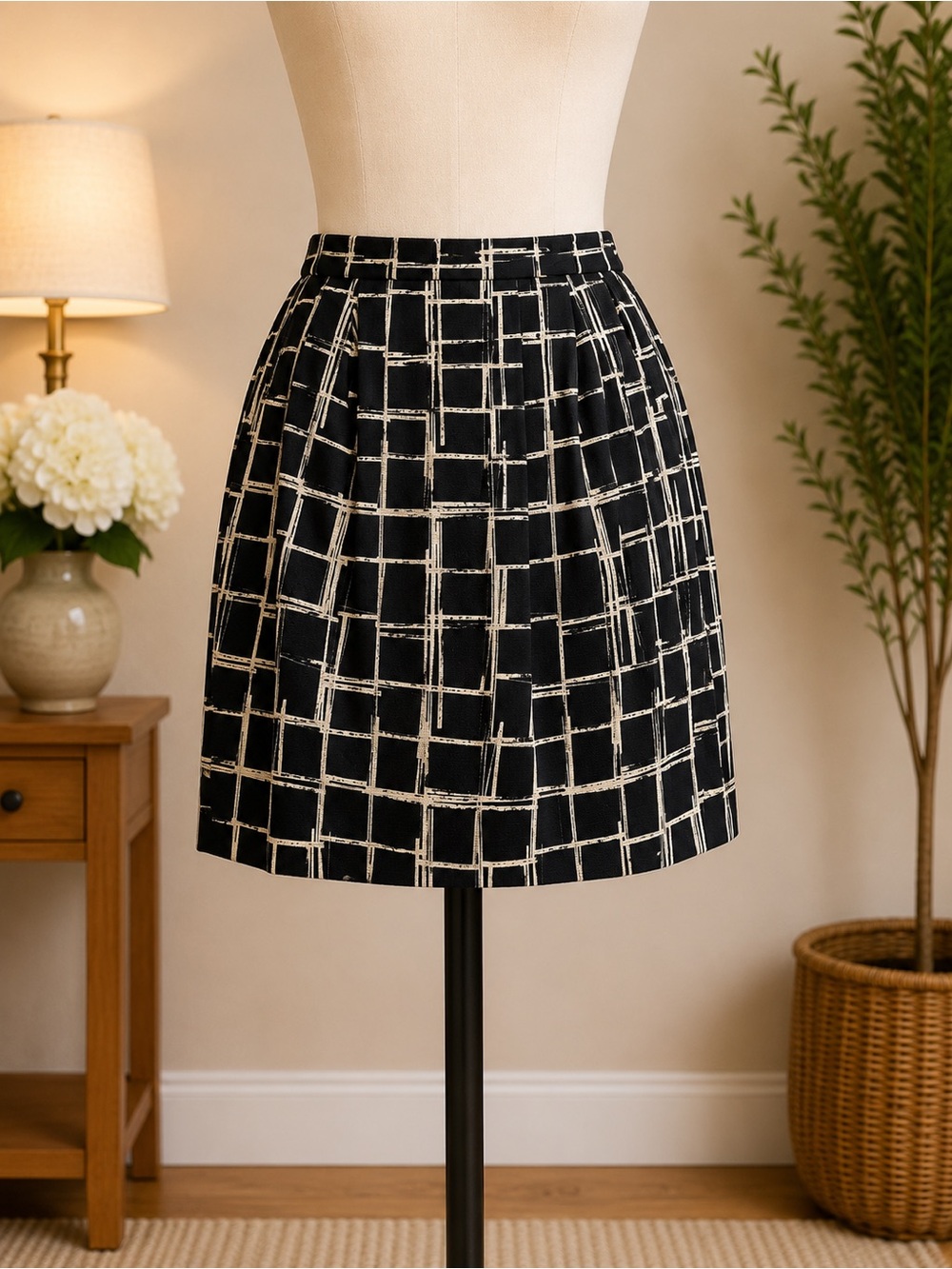 GAP Black Mini Skirt with Cream Windowpane Grid